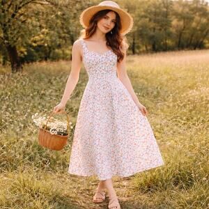 Old Navy SZ L Fit & Flare Linen-Blend Midi Dress Floral Pockets NWT